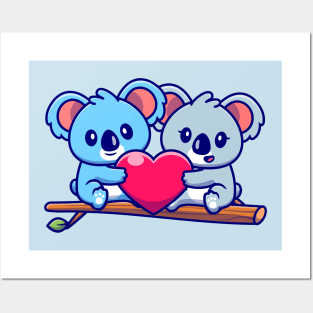 Cute Koala Couple Holding Heart On Tree Posters and Art